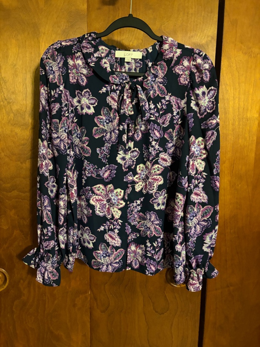 LOFT Floral Tie-Neck Blouse with Purple Accents
